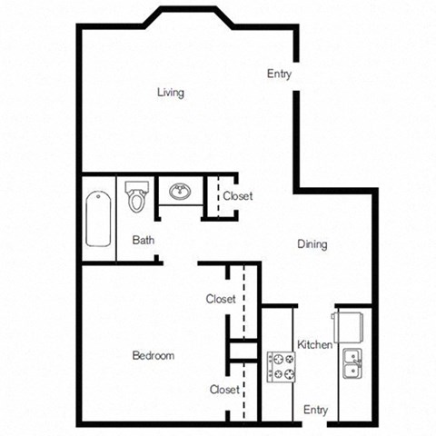 Floor plan for 1 bed, 1 bath, 777 sqft